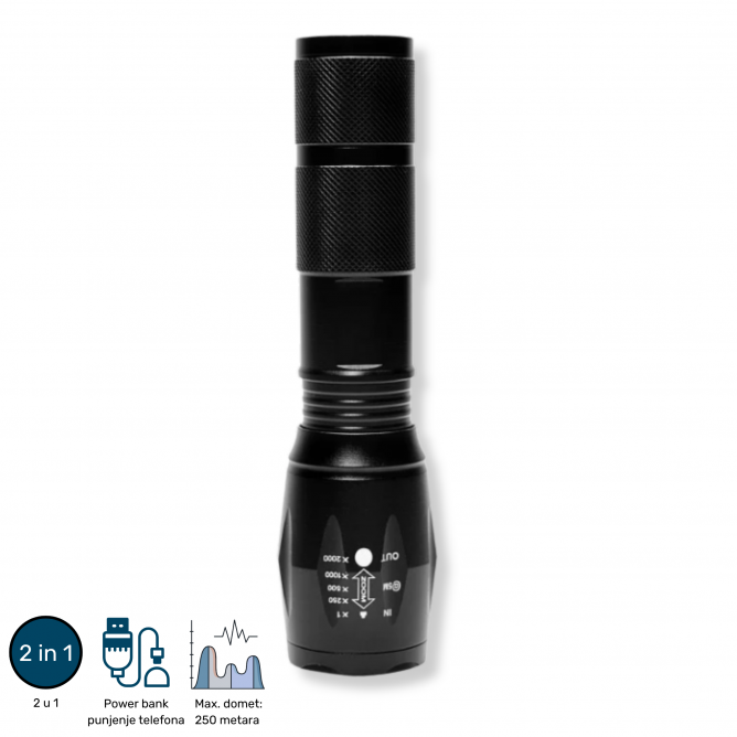 Baterijska led lampa 2u1 punjiva T6 10W 1800mAh PL8381 – Lovačka Oprema – Lovačke Lampe/Baterije – slika 1