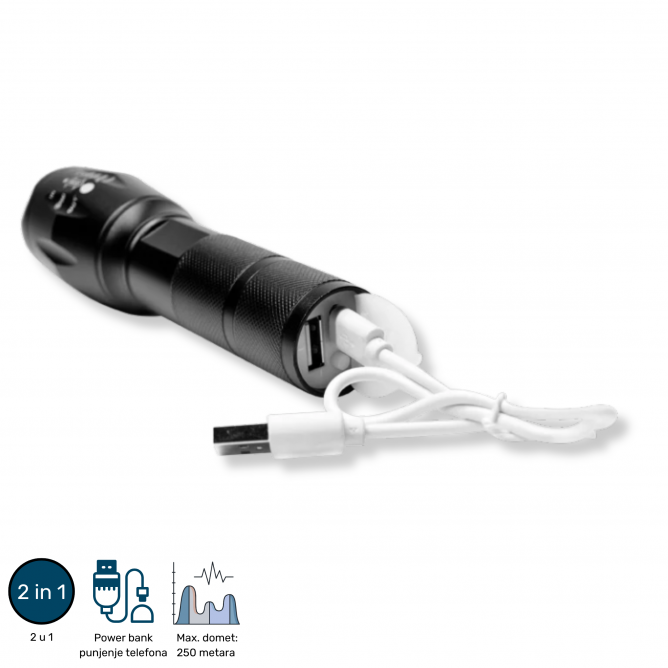 Baterijska led lampa 2u1 punjiva T6 10W 1800mAh PL8381 – Lovačka Oprema – Lovačke Lampe/Baterije – slika 2